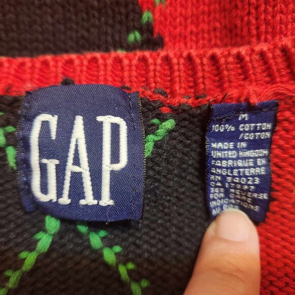 Vtg 90s XL Gap Red Black Yellow Argyle Diamond Oversized V Neck Tunic Sweater - Picture 3 of 6